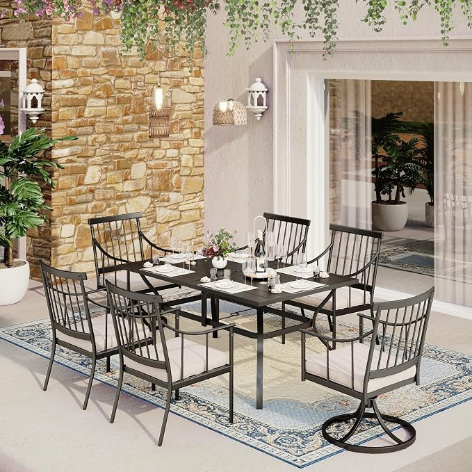 MFSTUDIO 7-Piece Patio Dining Set, Swivel Metal Chairs, Umbrella Hole | 60" Rectangular Metal Table, Removable Cushions