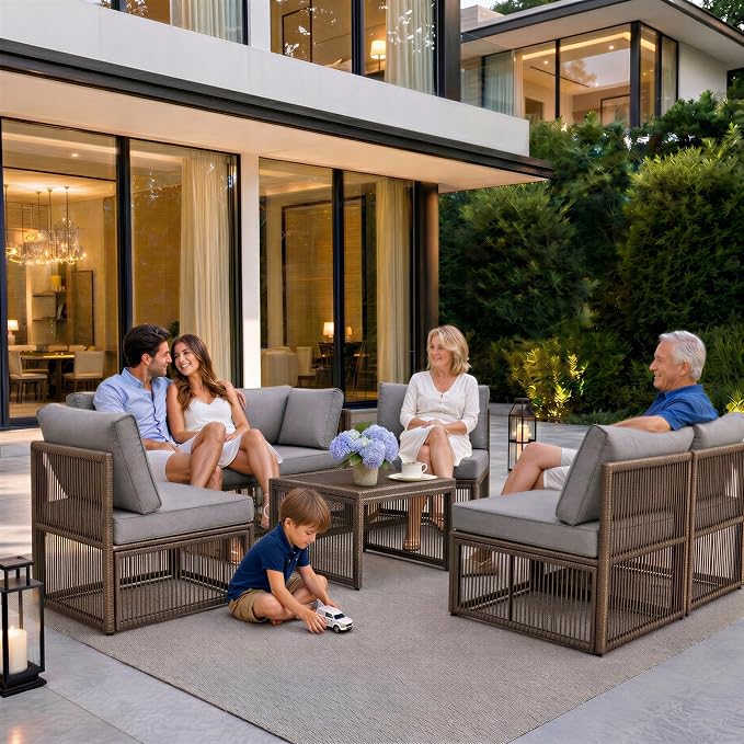 7 Piece Outdoor Patio Furniture Set, Wicker Sectional Sofa,Thick Cushions, All Weather Rattan Conversation Sets with Arm Chairs and Coffee Table for Backyard, Porch, Balcony, Deck, Garden