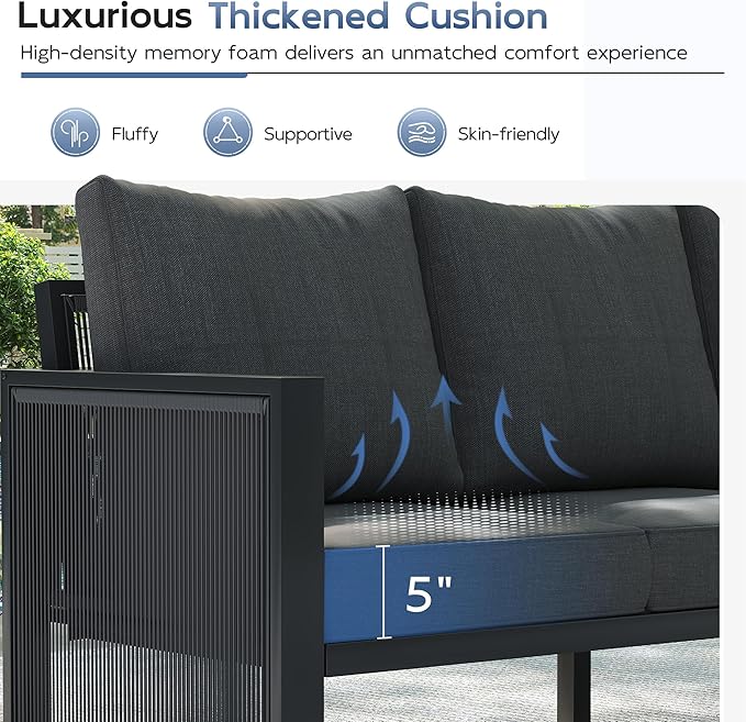UDPATIO Aluminum Patio Furniture Set with Coffee Table, 4 Piece Modern Aluminum Outdoor Furniture, Patio Conversation Sets with Thickend Cushions and PE Rope, for Garden, Porch, Balcony, Black Grey