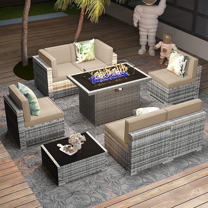 8 Pieces Patio Furniture Set with 44" Propane Gas Fire Pit Table, Outdoor Sectional Wicker Conversation Sofa Sets with Coffee Table