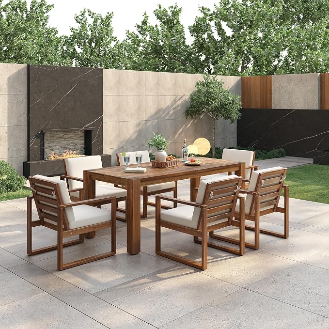 Outdoor Dining Set for 6 with Umbrella Hole, 7 Piece Outdoor Patio Furniture Set Wood Frame with Removable Cushion for Garden, Backyard, Lawn, and Poolside,Mocha
