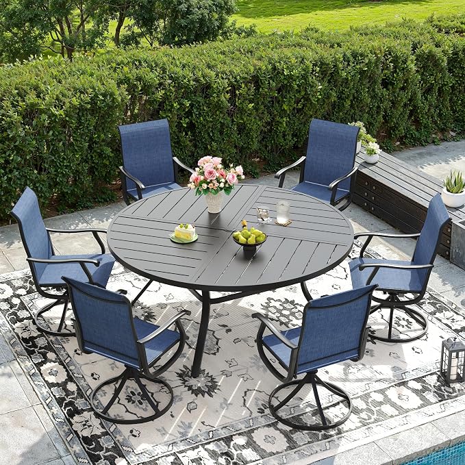 DIFY Patio Table and Chairs Set for 6, 7 Piece Outdoor Dining Set, 53.1" Black Round Metal Dining Table with Umbrella Hole and 6 Blue Textilene Swivel Patio Chairs, for Garden Backyard Deck