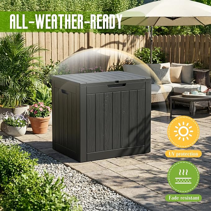 Vixzen 35 Gallon Deck Boxes Outdoor Waterproof, Lockable Resin Storage Box with lid for Furniture Cushions, Weatherproof Containers Outside Storage Boxes for Garden Patio Pool Tools (Black, 35 Gallon)