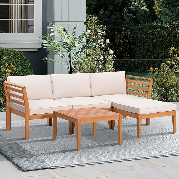 5-Piece Acacia Wood Patio Sectional Set, L-Shaped Outdoor Sofa Garden Couch with Coffee Table & Removable Cushions for Backyard, Deck, Beige