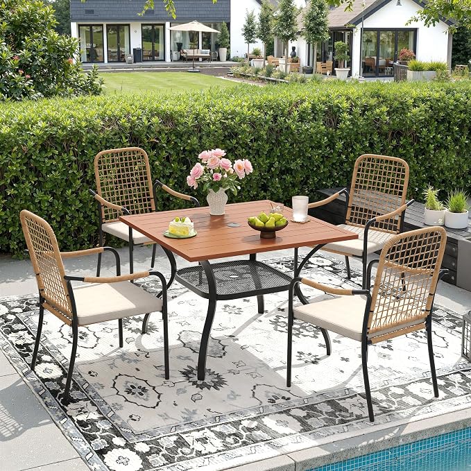 DIFY 5 Pieces Outdoor Dining Set, Metal Patio Table and Chairs Set for 4, 37.8" Square Dining Table with Umbrella Hole & Wicker Stackable Patio Chairs with Cushions, Walnut Tabletop