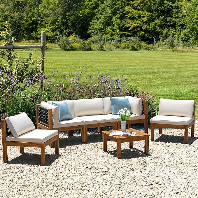 Greesum 6 Piece Outdoor Acacia Sofa Waterproof Cushions and Table, Padded Patio Conversation and Chairs Set for Garden, Backyard, Poolside, Beige
