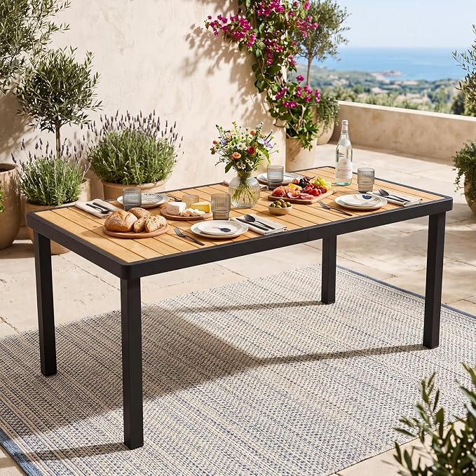 Byroce 58" x 27" Rectangular Acacia Wood Outdoor Dining Table with Umbrella Hole & Black Metal Frame for Patio, Garden & Restaurant, Natural
