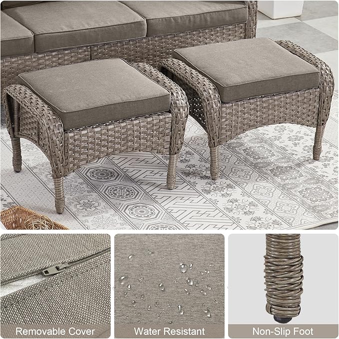 Belord Outdoor Ottomans for Patio Foot Rest - 25 Inch PE Wicker Foot Stool Set of 2 with Removable Cushions for Patio Furniture Sets,All Weather Rattan Ottoman for Balcony Deck Gray/Gray