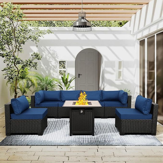 Lviden 7 Pieces Outdoor PE Wicker Furniture Set Patio Rattan Sectional Conversation Sofa Set with Non-Slip Cushions and Fire Pit Table, Navy Blue