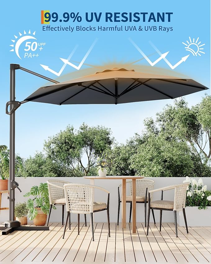 GarveeLife 10FT Patio Umbrella Outdoor Large Cantilever Umbrella Market Sun Shade Windproof Offset Umbrella with 360-Degree Rotation for Garden Deck Pool Patio
