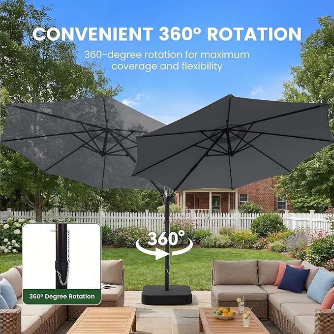 OLILAWN 10ft Patio Umbrella with Base Included, Large Cantilever Outdoor Umbrella with 360°Rotation & Infinite Tilt, Heavy-Duty Frame for Deck, Pool, Backyard, Garden, Charcoal