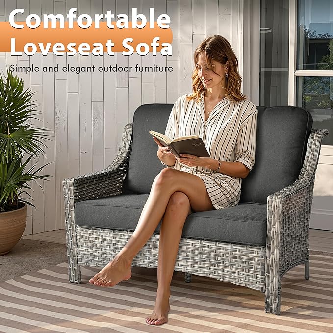 6 PCS Outdoor Patio Furniture Sets,Patio Conversation Sets Outside Rattan Soft Cushion Sofa with 2 Wicker Rocking Chairs & 54 in Fire Pit Table Fit Backyard Porch Garden Poolside Balcony,Black
