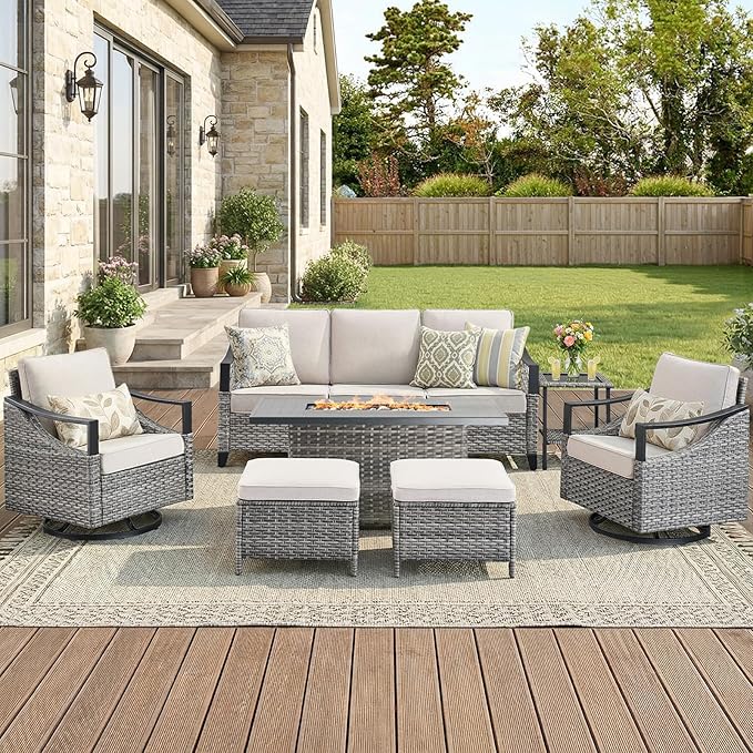 Patio Furniture Set with 42.5" Fire Pit Table-7 Pieces All Weather Wicker Outdoor Furniture with High Back Swivel Patio Chairs Set of 2 Outdoor Patio Conversation for Deck Garden Beige/Gray