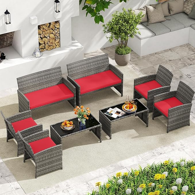 HAPPYGRILL 8 Piece Rattan Wicker Patio Conversation Set, Outdoor Furniture with Chair Loveseat Table & Cushion, for Backyard Porch Balcony (2, Red)