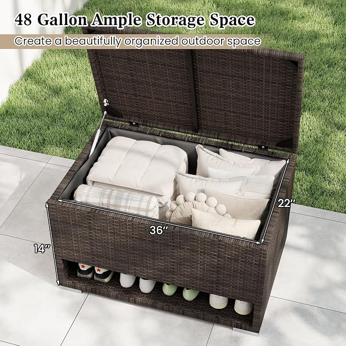 RELAXLIFE 48-Gallon Outdoor Storage Box - PE Wicker Patio Storage Bin w/Shoe Rack Shelf, Protective Liner for Cushion, Garden Tools, Pool Supplies, Backyard Pillows, Outside Furniture Rattan Deck Box