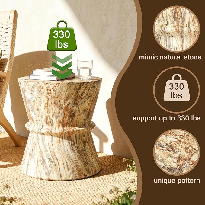 Modern Outdoor Side Table Round Concrete Side Tables with Faux Stone Finish,MGO Hourglass Patio End Table for Living Room Garden Balcony,Fully Assembled,Amber Brown