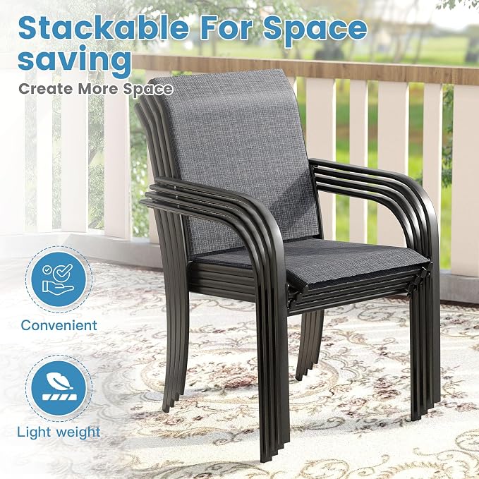 DIFY 5 Pieces Outdoor Dining Table Chair Set, Patio Dining Set with 1 Grey Wood-Like Square Curved Legs Table with and Umbrella Hole & 4 Grey Stackable with Armrests Chairs for Lawn, Garden, Porch