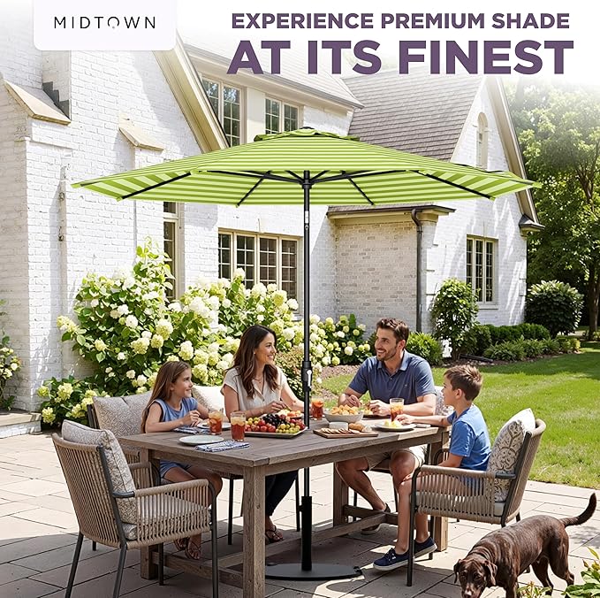The Swilt 10 Feet Outdoor Umbrella With Terylast Pear Stripes (Green/White) Polyester Fabric - Fiberglass Ribs, Auto-Tilt And Swivel Aluminum Frame Patio Umbrella For Deck, Garden, Pool - Black Pole