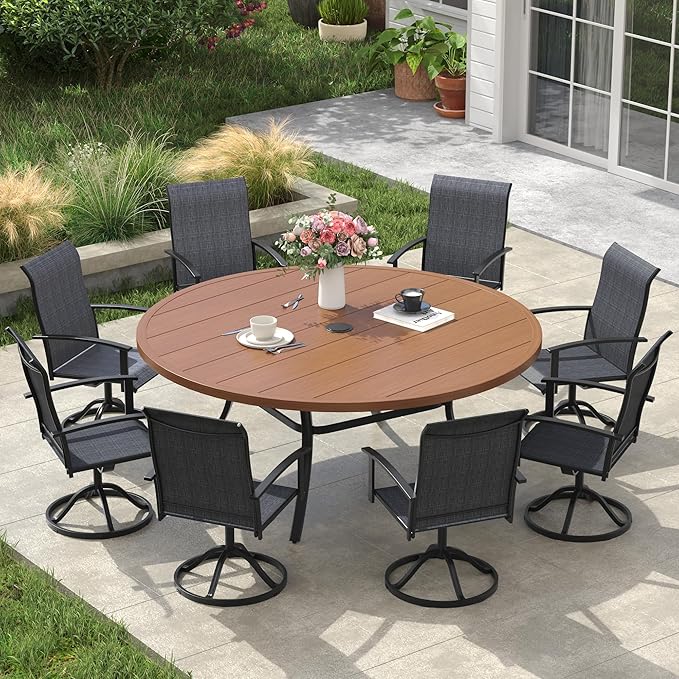 VICLLAX Outdoor Table and Chairs Set for 8, Patio Dining Set of 60 Metal Round Patio Table with Umbrella Hole & 8 Swivel Outdoor Dining Chairs for Backyard Lawn, Charcoal & Walnut