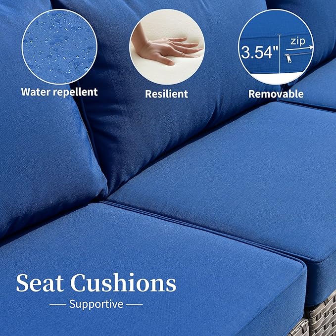 HOOOWOOO 8 Piece Patio Sectional Furniture Set with Fire Pit Table,Modern Wicker Outdoor Conversation Sofa Sets,Weather Resistant Modular L Shaped Outside Couch Set(Navy Blue)