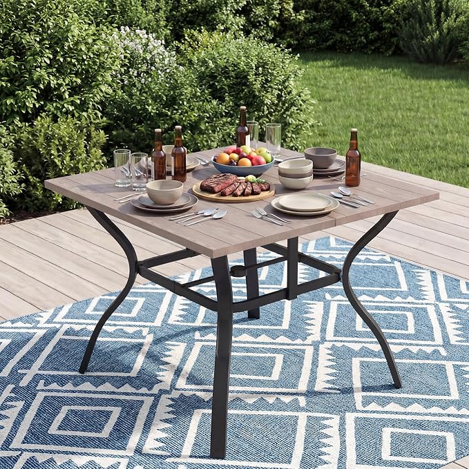 37.8”x37.8” Metal Outdoor Dining Table for 4,Square Patio Dining Table with Adjustable Umbrella Hole,All-Weather Brown Outdoor Patio Table for Porch, Garden, Backyard, Poolside, Lawn