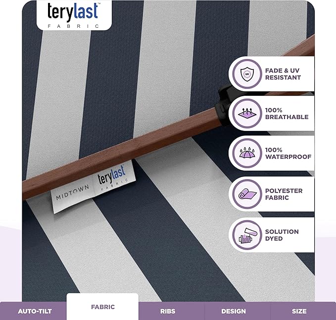 Midtown Umbrellas Wooden 2-8 Ft Patio Umbrella with 360° Swivel & Tilt Mechanism, 8 Fiberglass Ribs & Terylast Polyester Fabric for Deck, Pool, Garden & Porch - Navy Stripes Canopy, Wooden Pole