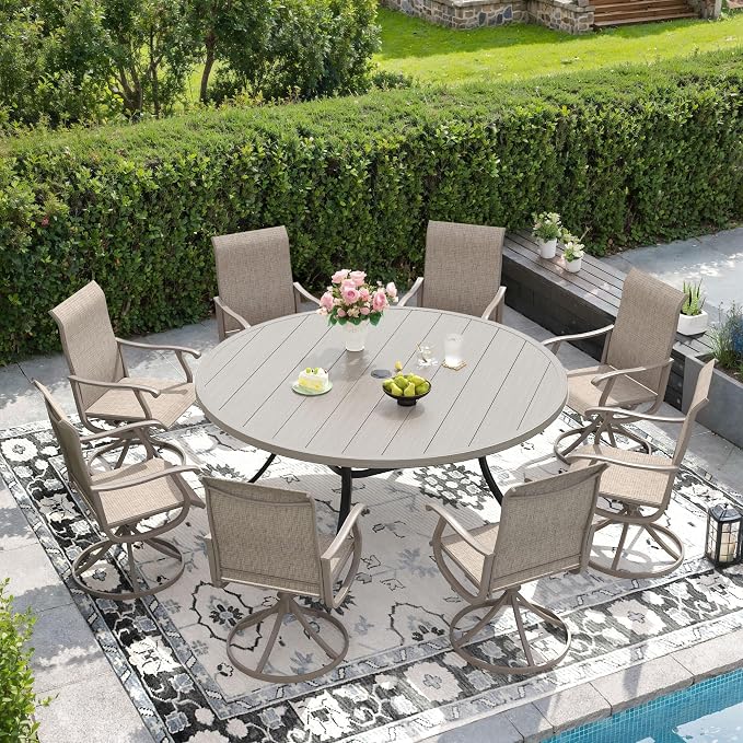 DIFY Outdoor Dining Set for 8, 9 Piece Patio Table and Chairs Set, Swivel Patio Chairs with Sandshell Textilene & 60" Grey Wood-Like Round Metal Dining Table with Umbrella Hole, for Garden Backyard