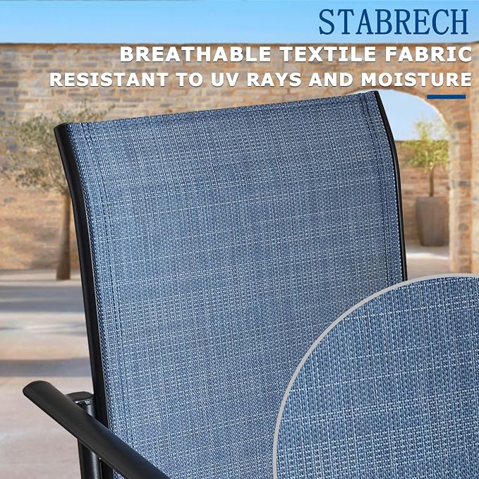 5 Pieces Patio Dining Set for 4, Blue Patio Stackable Chairs and Black Square Table Set of 4, Outdoor Furniture Set with Sling Support for Outside, Garden