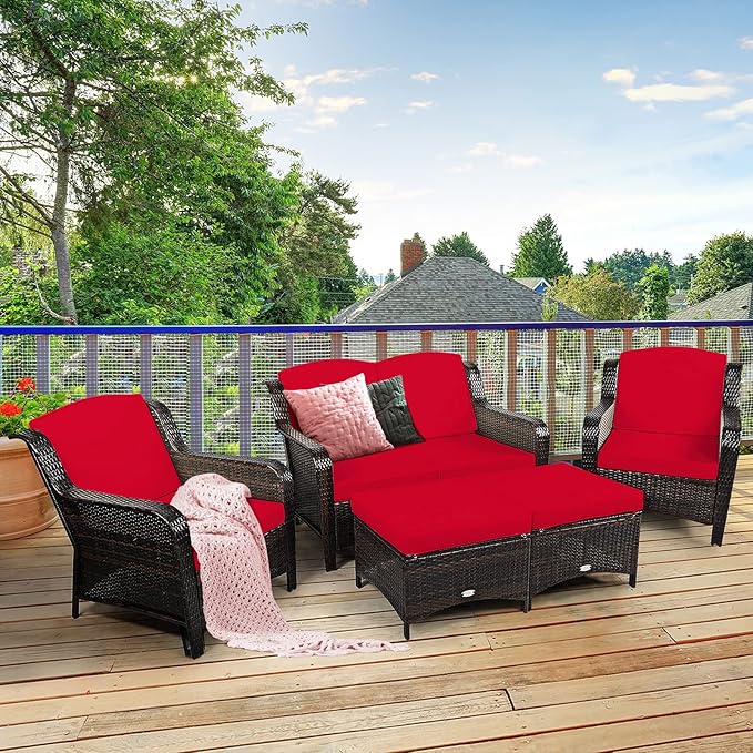 Tangkula 5 Pieces Patio Furniture Set, Outdoor Rattan Conversation Sofa Set with Loveseat, Single Sofas and Ottoman, Sectional Sofa Set with Removable Cushions for Porch, Backyard, Balcony, Lawn