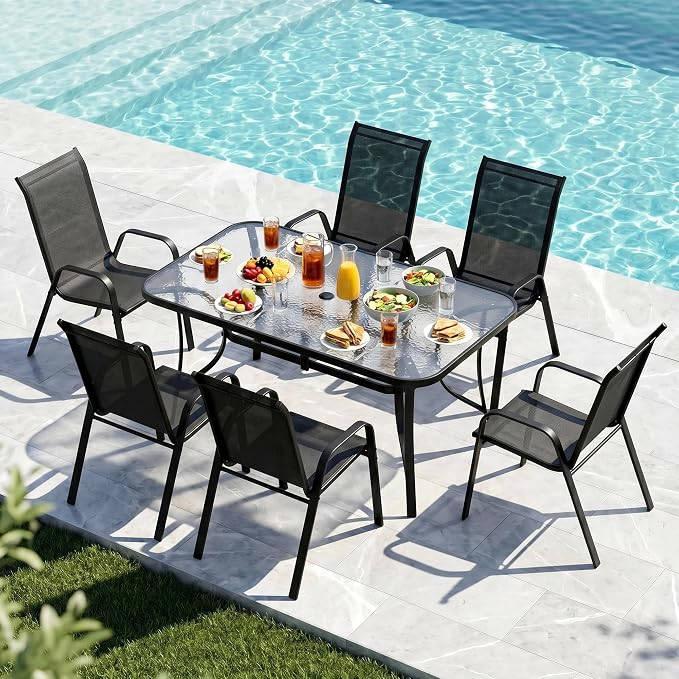 MAMIZO 7 Pieces Patio Dining Set for 6, Outdoor Table and Chairs w/Rectangle Glass Table and 6 Textilene Stackable Chairs, Patio Furniture Set w/1.69" Umbrella Hole (Black Table & Black Chair)