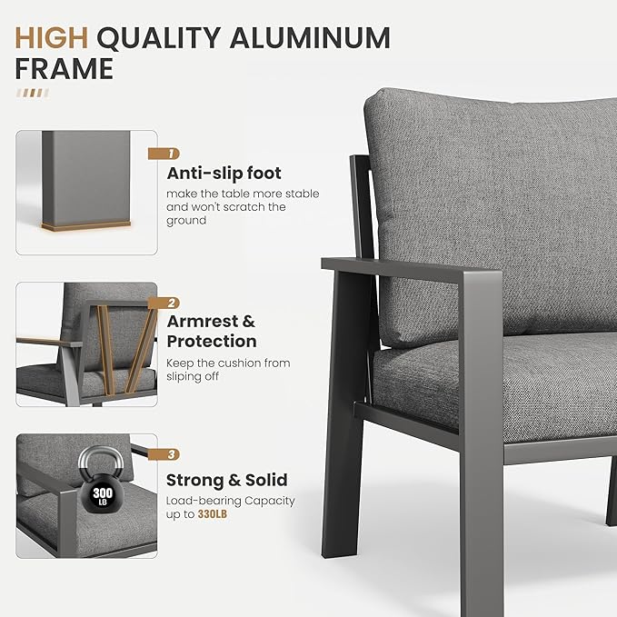 Aluminum Patio Conversation Set with Coffee Table 5 Pieces Deck Outdoor Furniture 7-Seat All-Weather Rust-Proof Sectional Sofa Set with Removable Cushion for Backyard, Poolside & Small Spaces