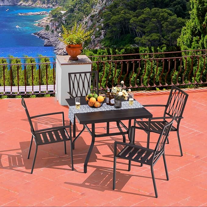 NUU GARDEN 5 Piece Patio Dining Set, 4 Metal Patio Dining Chairs Stackable and 37" Square Dining Table with 1.57" Umbrella Hole for Backyard, Deck, Patio, Garden, Black