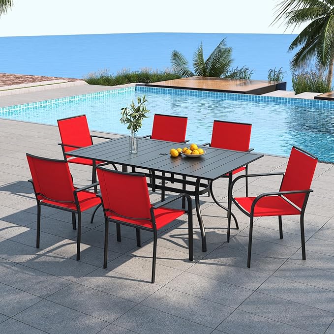Anmutig 7-Piece Outdoor Patio Dining Set, 6 Stackable Patio Chairs and 63" x 38" Rectangular Dining Table with All Weather Frame Furniture Set - Cherry