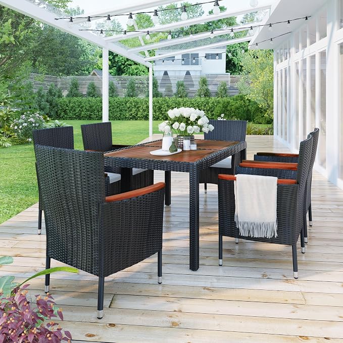 roomfitters 7-Piece Outdoor Patio Dining Set, Garden PE Rattan Wicker Dining Table and Chairs Set, Acacia Wood Tabletop, Stackable Armrest Chairs with Cushions, Reddish-Brown