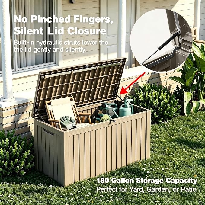 180 Gallon Outdoor Storage Box Waterproof, Large Resin Deck Box with Lockable Lid & Soft-Close Hydraulic Struts, Outside Storage Box for Patio Furniture, Garden Tools, Pool Accessories, Grey