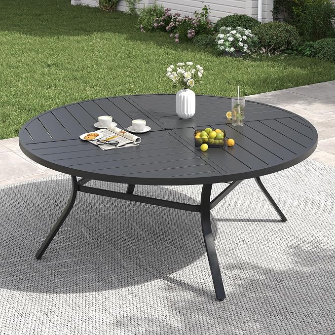 VICLLAX 60" Round Patio Table with Umbrella Hole, All Weather Metal Outdoor Dining Table for 8, Outside Table for Lawn Garden, Black