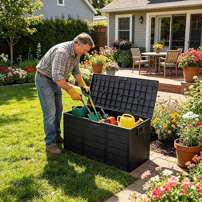 75 Gallon Large Outdoor Storage Box, Indoor and Outside Deck Box with Lockable Design Lids, Waterproof Resin Storage Containers Bin for Garden, Garage, Patio, Poolside, Toy Storage Full Black