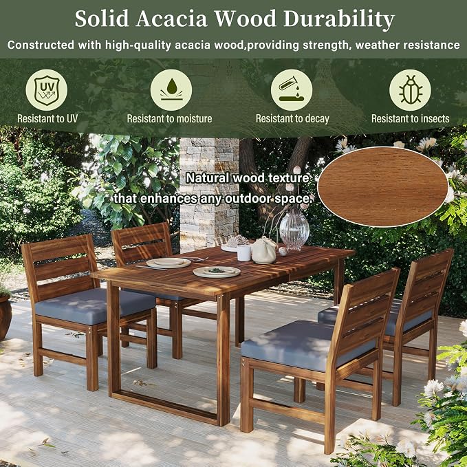 Merax 5-Piece Patio Dining Set for 4, Acacia Wood Farmhouse Outdoor Furniture Set with Removable Cushions and Adjustable Feet, Rustic Garden Dining Set for Backyard, Poolside, Brown + Gray