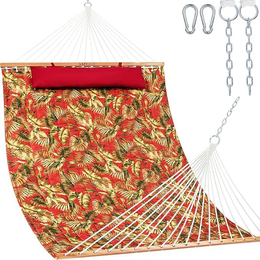 Lazy Daze Hammocks 12FT Quilted Fabric Hammock with Soft Pillow, Double 2 Person Tree Hammock with Spreader Bar for Outside Patio Poolside Backyard Beach, 450 lbs Capacity, Red Leaf
