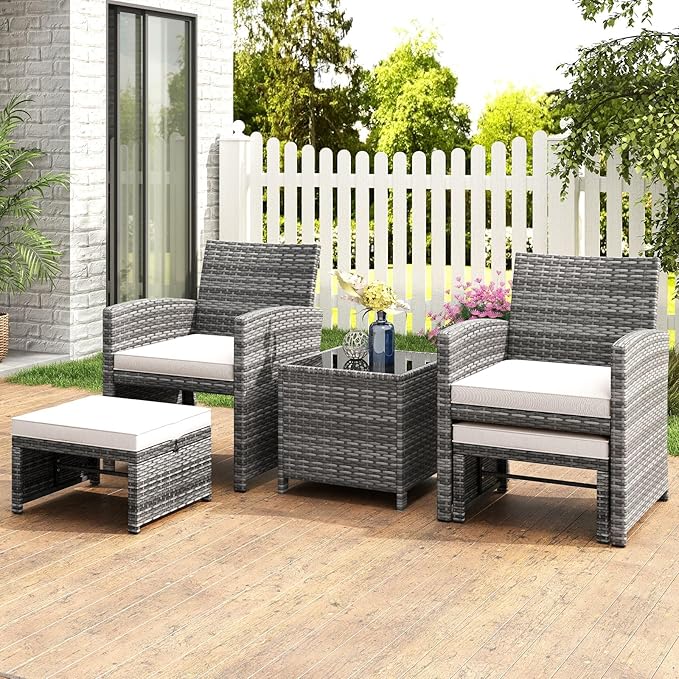 Tangkula 5 Pieces Patio Conversation Furniture Set, PE Wicker Outdoor Cushioned Chairs with 2 Ottomans, and Storage Coffee Table, for Porch, Garden and Balcony