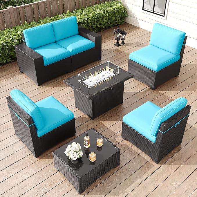 LayinSun 7 Pieces Patio Furniture Set with Fire Pit Table, Black Rattan Modular Sectional Patio Conversation Sofa Set