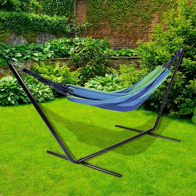 Northlight 32816484 Blue and Green Striped Woven Cotton Double Brazilian Hammock