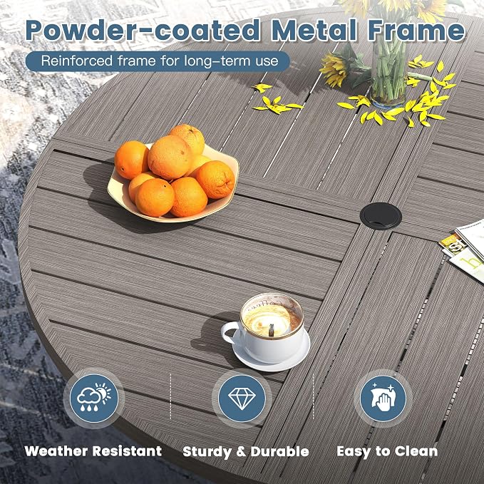 DIFY 7 Piece Outdoor Dining Set for 6, 50" Grey Wood-Like Round Metal Dining Table with Umbrella Hole and Swivel Patio Chairs with Sandshell Textilene, Patio Table and Chairs Set for Garden Backyard