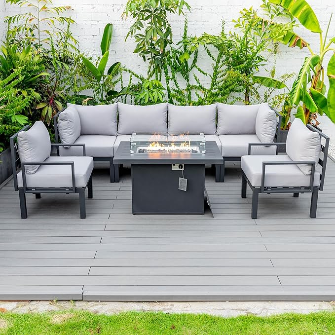 LeisureMod 7-Piece Outdoor Patio Conversation Set with Aluminum Sectional & Cushions, Propane Fire Pit Table with Black Stones, Wind Glass & Lid, Light Grey