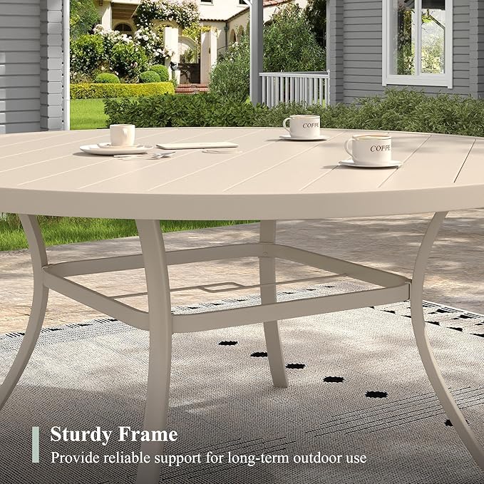 Patio Table and Chairs Set for 8, Outdoor Dining Set with 8 Stackable Dining Chairs and 53" x 53" Metal Slatted Round Dining Table for Porch, Deck, Lawn, Garden, Sandshell