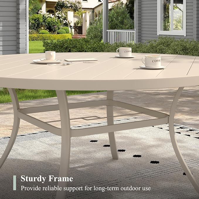 Outdoor Dining Table for 8, 60" Round Outdoor Table with Adjustable Umbrella Hole, All-Weather Metal Patio Dining Table for Lawn Garden Backyard Deck, Sandshell