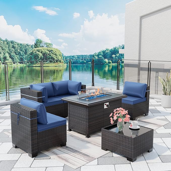 Outdoor Patio Furniture Set with Fire Pit Table, 6 Pieces Outdoor Furniture Patio Sectional Sofa PE Rattan Conversation Sets w/43 Propane Gas Firepit & Coffee Table for Outside -Dark Blue.