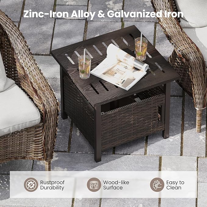 RELAX4LIFE Wicker Outdoor Side Table - Rattan Square Patio End Table with 1.93’’ Umbrella Hole, 2 Weighted Sand Bags & Rustproof Frame, Outside Umbrella Stand for Garden Deck Porch Poolside Backyard
