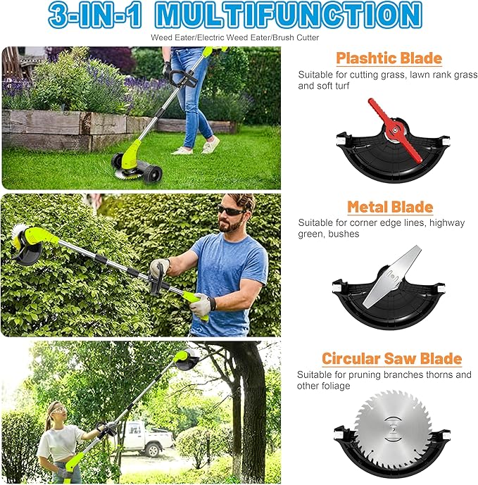 Electric Weed Wacker Cordless, 12V Battery Powered Weed Eater Cordless with 65inch Adjustable Pole, Lightweight (3.72lbs) Grass Trimmer Cutter/Edger/Mower with 2 Types Blade for Yard Lawn and Garden