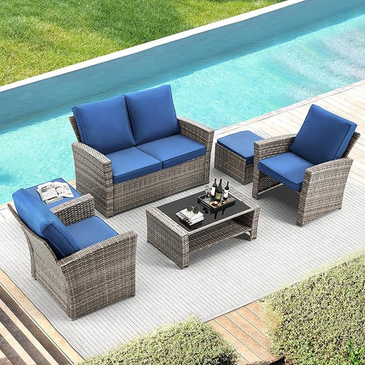 HOMREST 6 Piece Patio Conversation Set, Outdoor Sectional Conversation Rattan Sofa Set with Ottoman and Outdoor Storage Table for Garden, Porch, Backyard (Marine Blue)